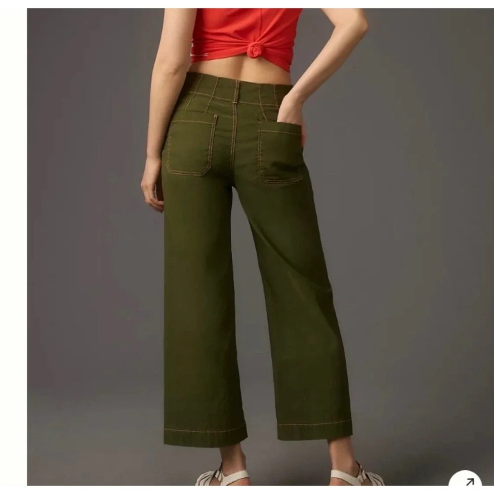 NWT Maeve Colette pants wide leg contrast stitching 26 green linen minimalist - Picture 2 of 8